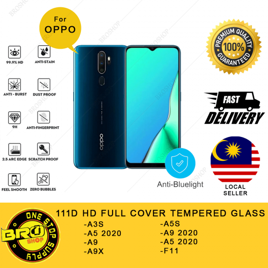 Oppo A3s A5 A5s A9 A9x F11 2020 111D Anti-Bluelight Premium FullCover Tempered Glass