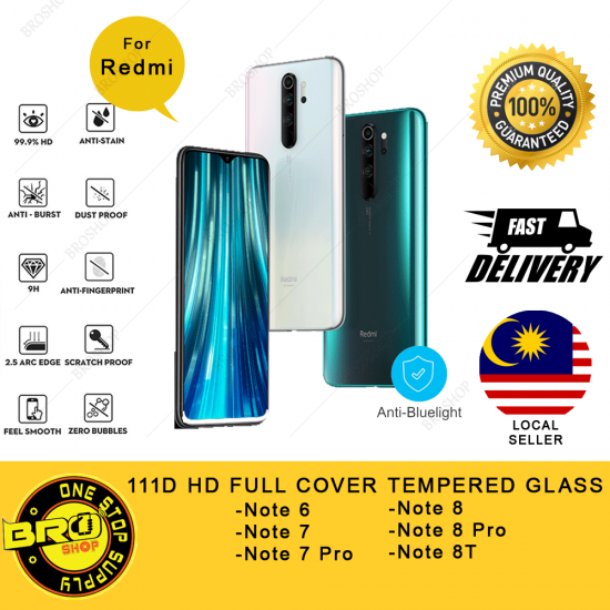 Redmi Note 6 7 8 8T Pro 111D Anti-Bluelight Premium FullCover Tempered Glass