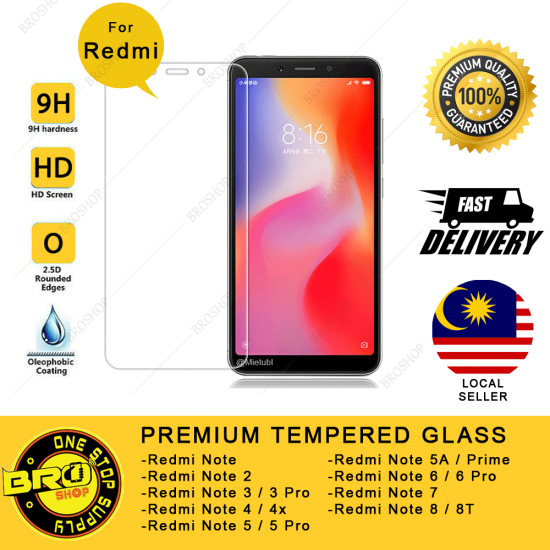 Redmi Note / 2 / 3 / 3 / 4 / 4X / 5 / 5A / 6 / 7 / 8 / 8T Pro Prime 9H Premium Oleophobic Coating Tempered Glass